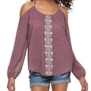 Rewind Pink & Purple Printed Floral Embroidered Cold Shoulder Long Sleeve Top XS